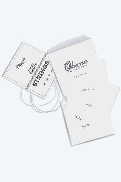 Ohana fluorocarbon ukulele string set in packaging, showing four strings rolled neatly