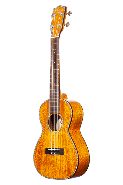 Full front of CK‑220G concert ukulele with glossy mango top and abalone rosette