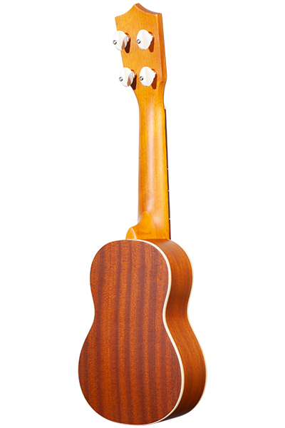 Compact sopranino ukulele body with satin mahogany finish back view