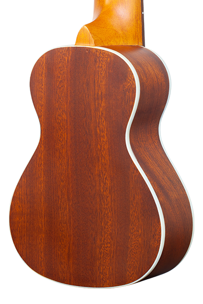 O’Nino ukulele body close‑up with cream binding