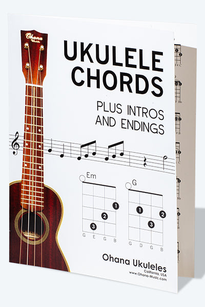 Front cover of Ukulele Chords Pamphlet showing title and chord grid illustrations